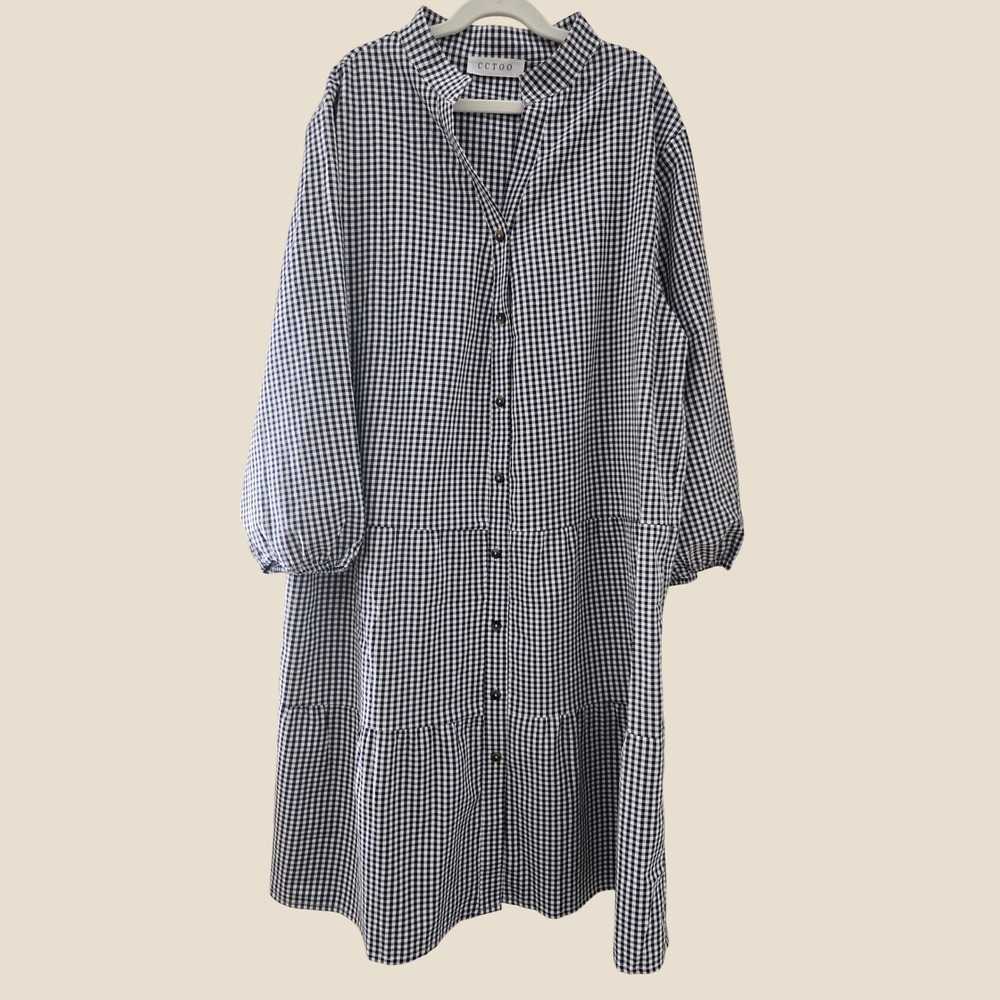 CCTOO Gingham Tiered Shirt Dress‎ Long Sleeve Split V-Neck Midi L